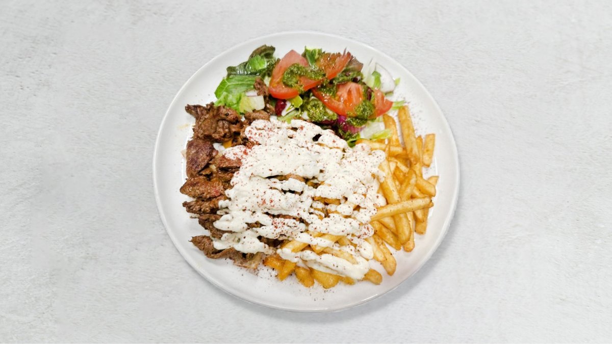 Q-BAB Meal – Kebabtallerken fylt med kjøtt, salatblanding, biff tomat, rø...